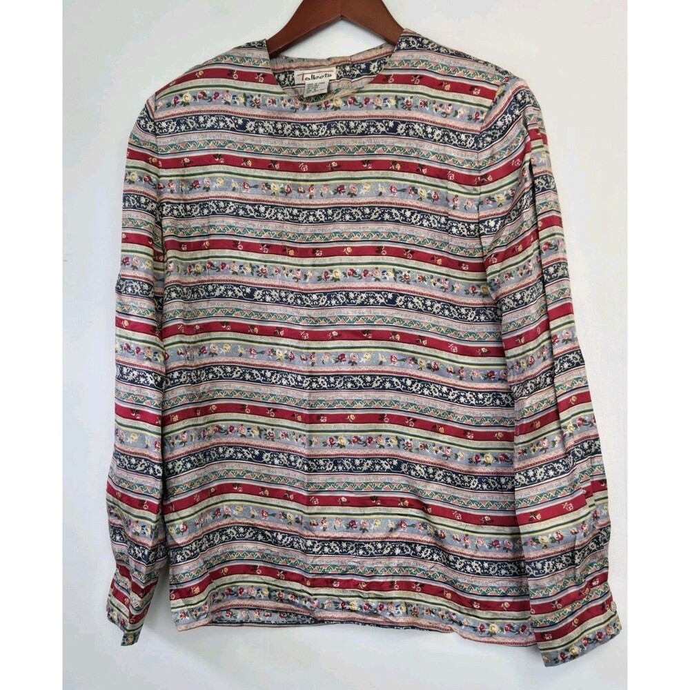 VTG Talbots Blouse Womens 4 Striped Floral 100% Silk Boho Artsy Whimsy Fairy - Picture 1 of 8